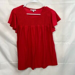 Notations women's red‎ dotted textured flutter sleeve smocked loose blouse large